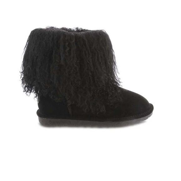 BEARPAW BOO Women's Ankle Furry Boots US 6 Black Suede Curly Lamb Sheepskin - Picture 13 of 16